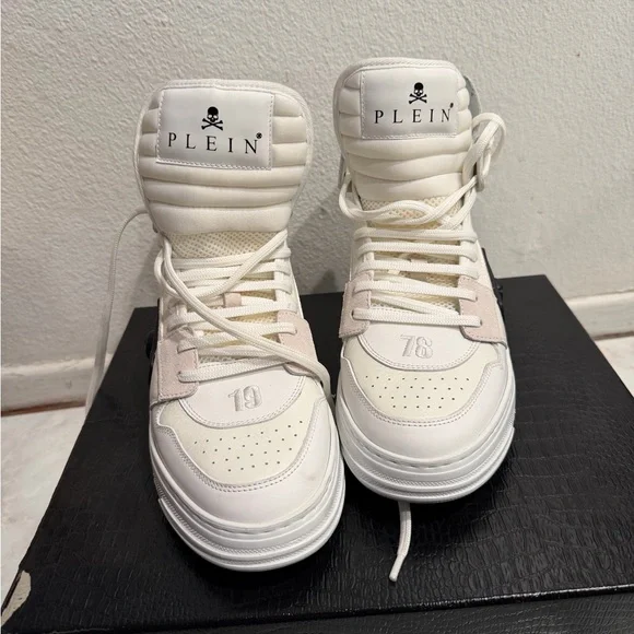 Philipp Plein White High-Top Sneakers Skull Logo Size 40